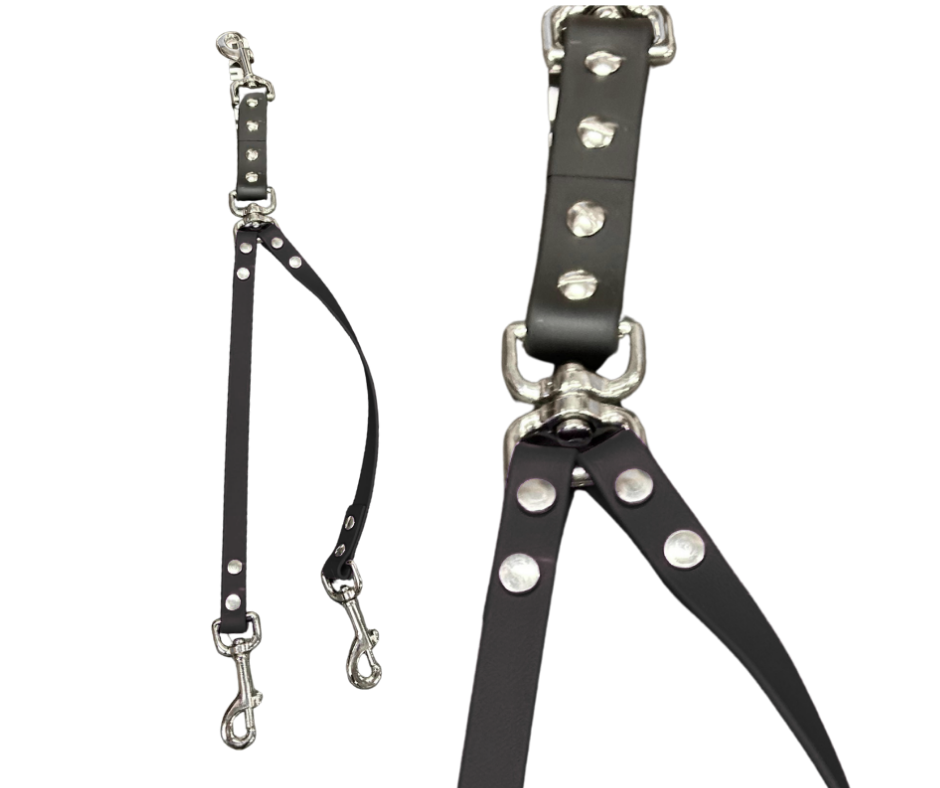 Coupleur laisse double pivotant 5/8" en BioThane – Snap ou anneau central | Fait main au Québec