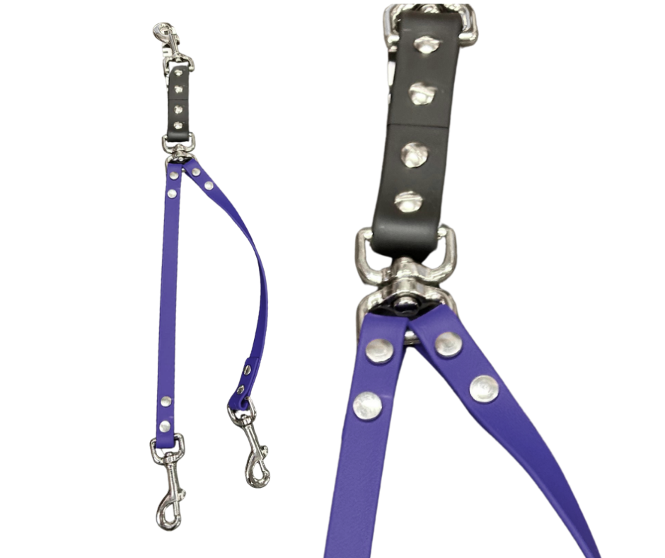 Coupleur laisse double pivotant 5/8" en BioThane – Snap ou anneau central | Fait main au Québec