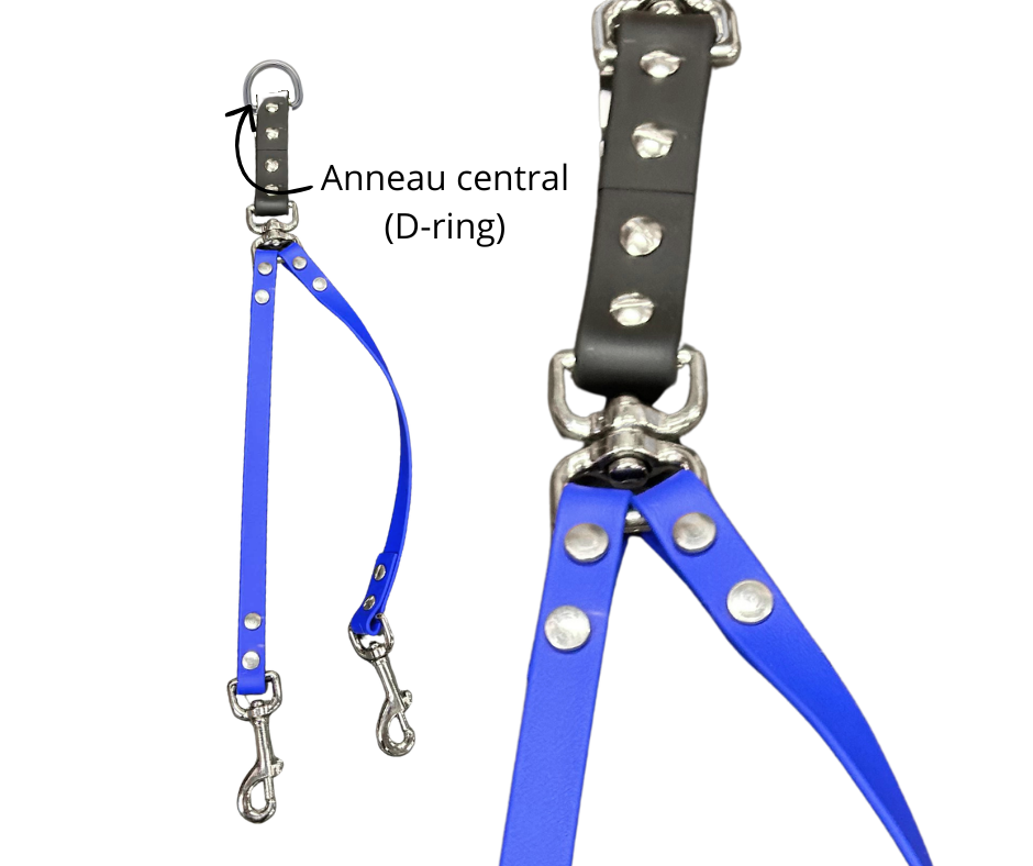 Coupleur laisse double pivotant 5/8" en BioThane – Snap ou anneau central | Fait main au Québec