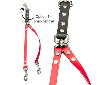 Coupleur laisse double pivotant 5/8" en BioThane – Snap ou anneau central | Fait main au Québec