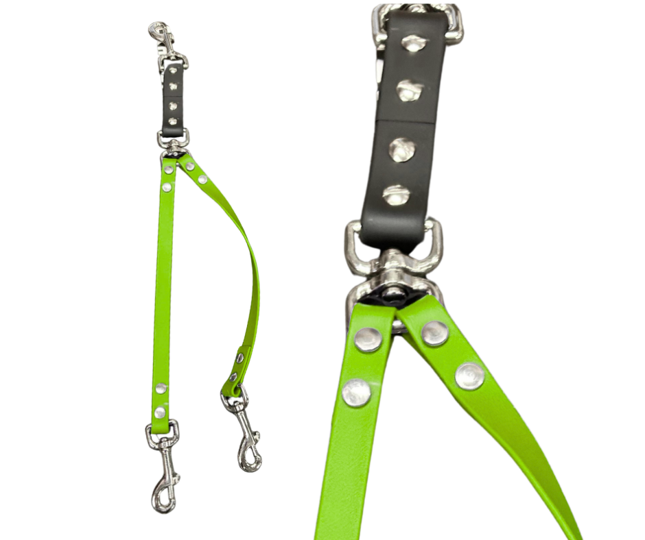 Coupleur laisse double pivotant 5/8" en BioThane – Snap ou anneau central | Fait main au Québec