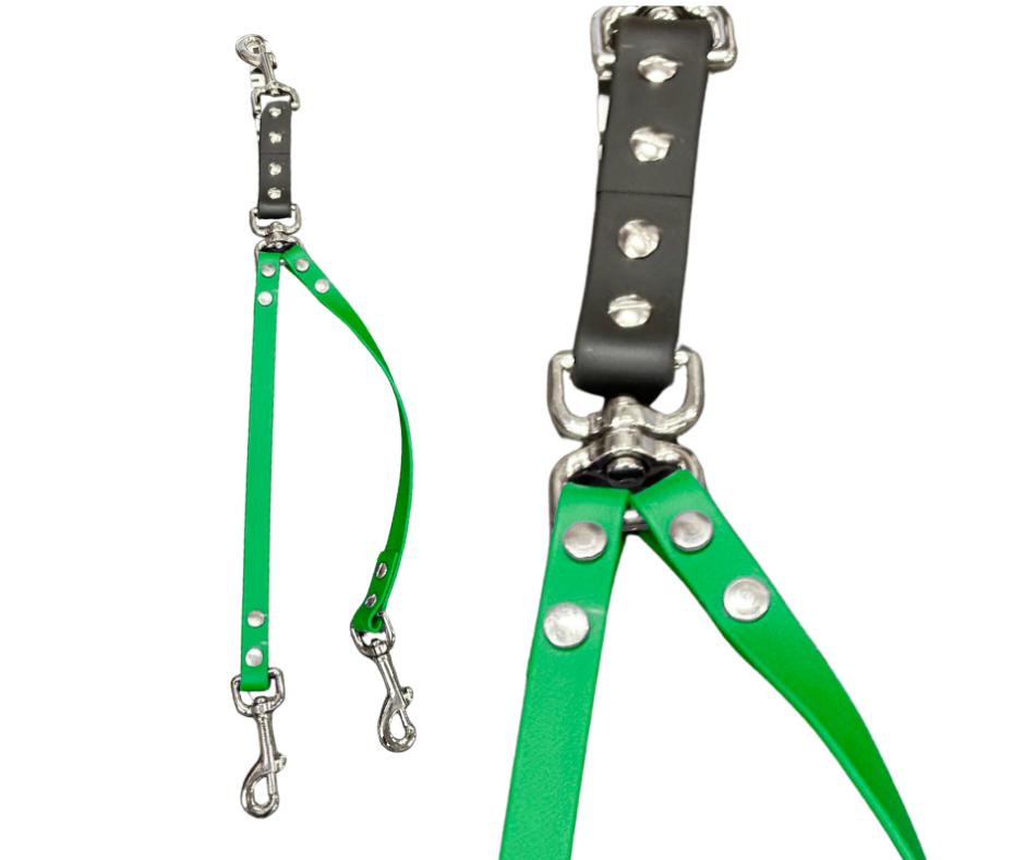 Coupleur laisse double pivotant 5/8" en BioThane – Snap ou anneau central | Fait main au Québec